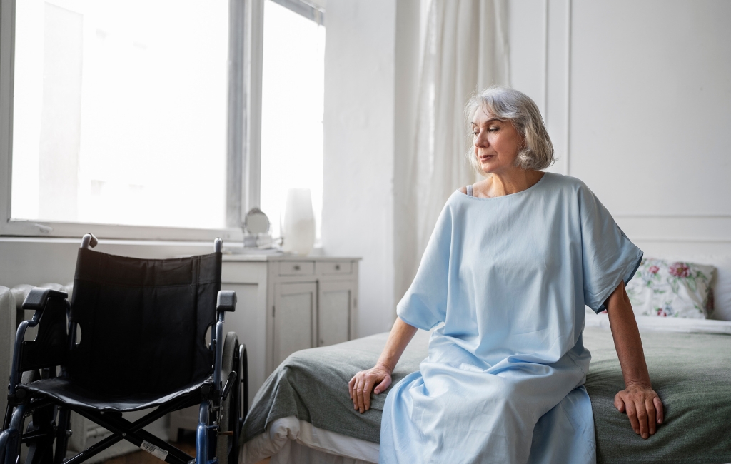 Plantation An elderly woman sits on the edge of her bed beside a wheelchair, receiving home care in Plantation, FL, in a bright and comfortable bedroom setting.